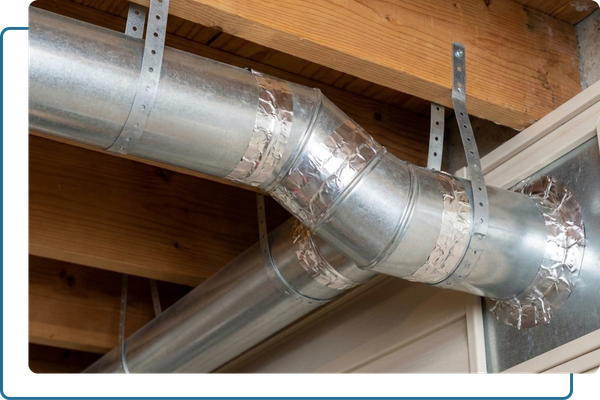 Code-compliant rigid metal dryer vent ductwork, properly sealed with foil tape, installed along the wooden ceiling joists of a home.