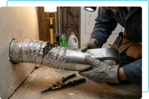 a technician repairing aluminum dryer vent duct