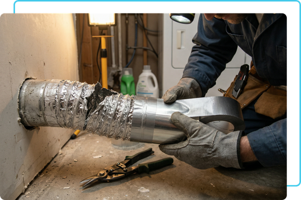 a technician repairing aluminum dryer vent duct